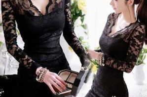 Черное платье с кружевными рукавами